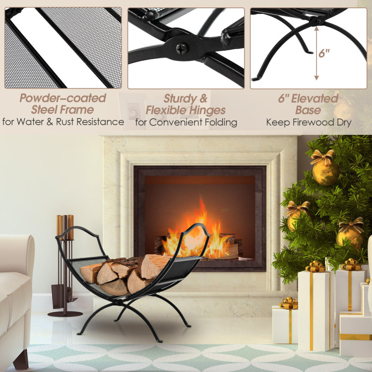 19 Inch Folding Fireplace Log Rack with Convenient Handle-BlackCostway Gallery View 9 of 9